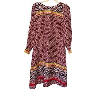 Loft red and navy abstract mosaic square print long sleeve shift dress. Size‎ 8P